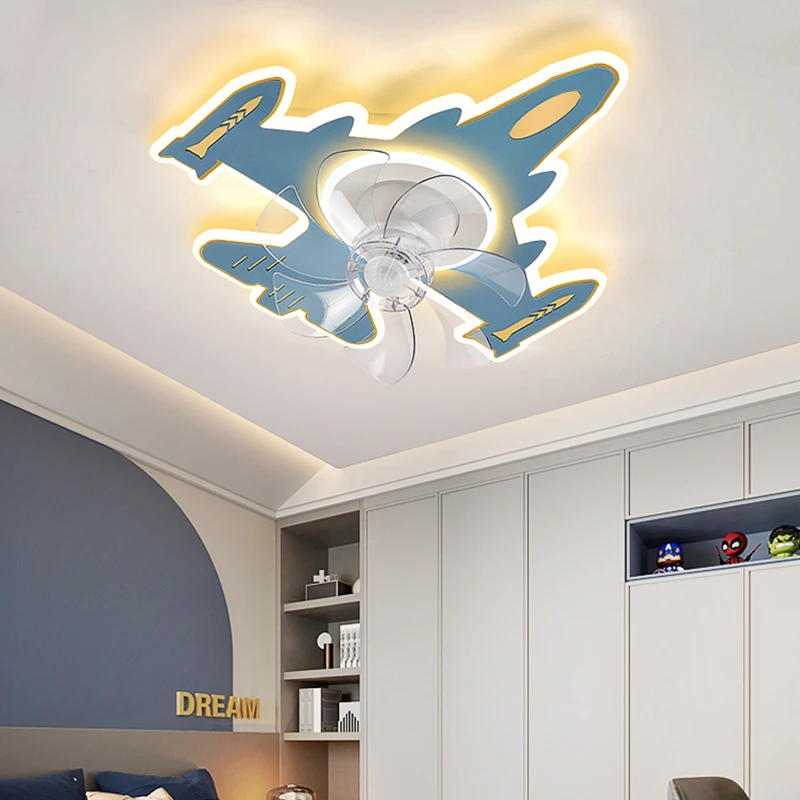 摇头风扇灯现代简约2025新款隐形智能静音卡通飞机卧室儿童房灯