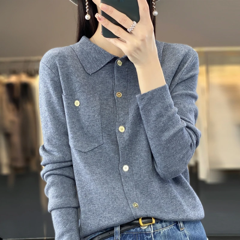 W435春秋新款精纺羊毛衫女士POLO领宽松显瘦带兜百搭针织毛衣衬衫