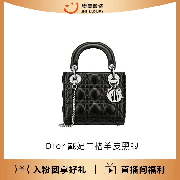 95新 DIOR/迪奥  Dior戴妃三格羊皮黑银时尚百搭包/97新/AM3443