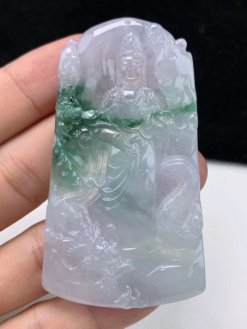 缅甸天然A货翡翠冰种飘花祥龙大势至观音牌吊坠