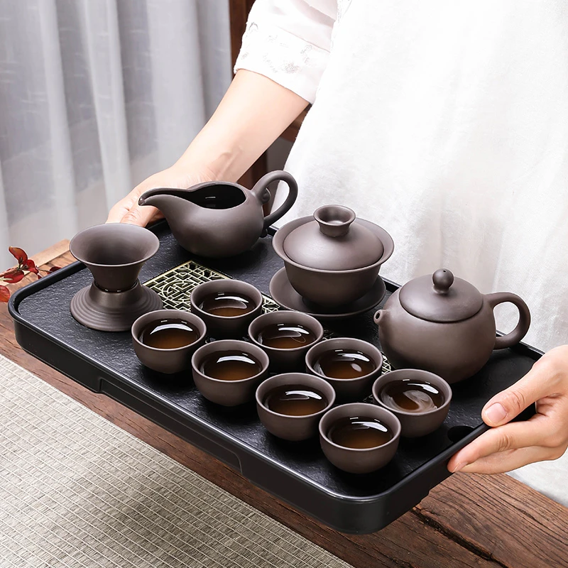 紫砂茶具套装家用功夫茶小套极简茶壶盖碗茶杯泡茶具办公轻奢茶碗