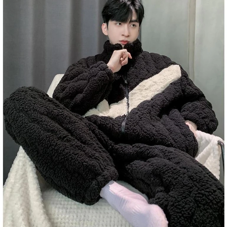 珊瑚绒睡衣男冬季三层加厚夹棉超厚青年男士法兰绒保暖棉袄家居服
