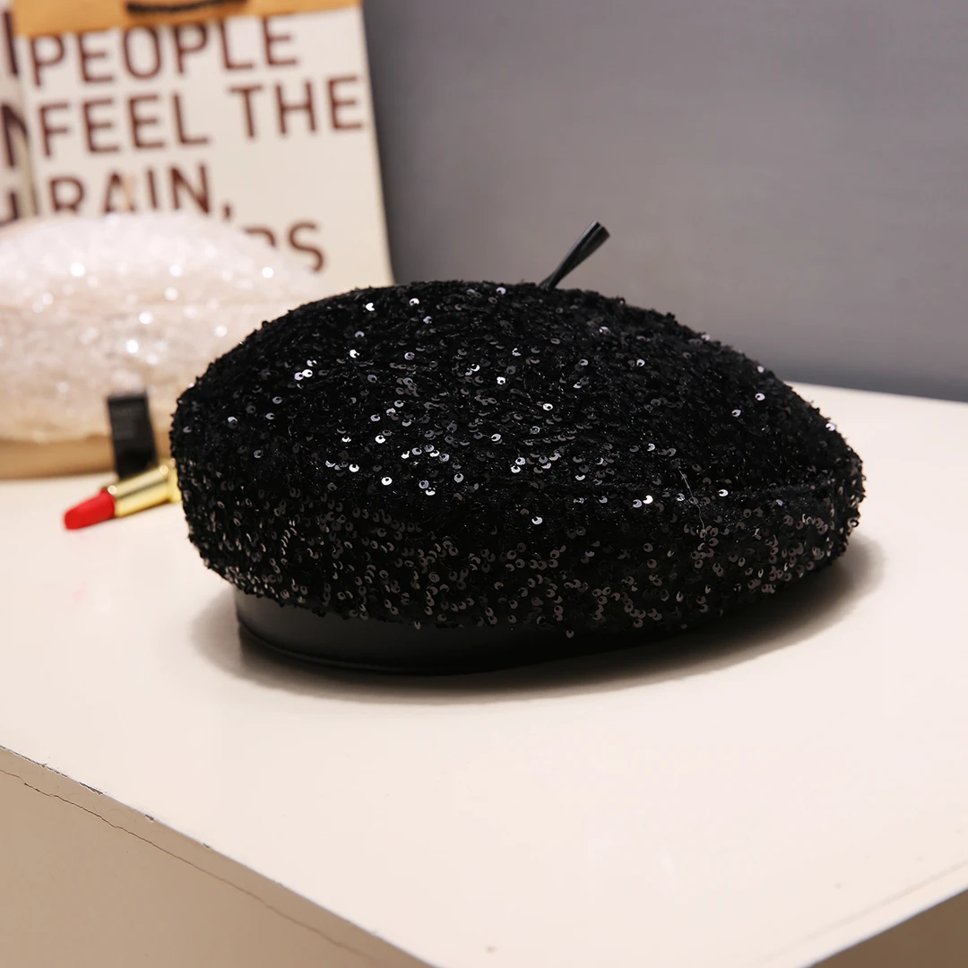 亮片网红八角百搭贝雷帽女秋冬季2024新款爆款高级感韩系蓓蕾帽子