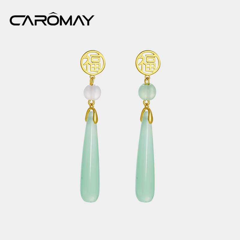 铜合金耳饰 青荷白露福字吊牌耳饰简约小众国风耳环E23670
