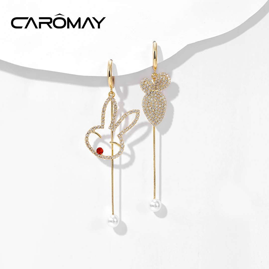 CAROMAY 合金仿珍珠耳饰 不对称兔子萝卜长款可爱甜美耳环E12217