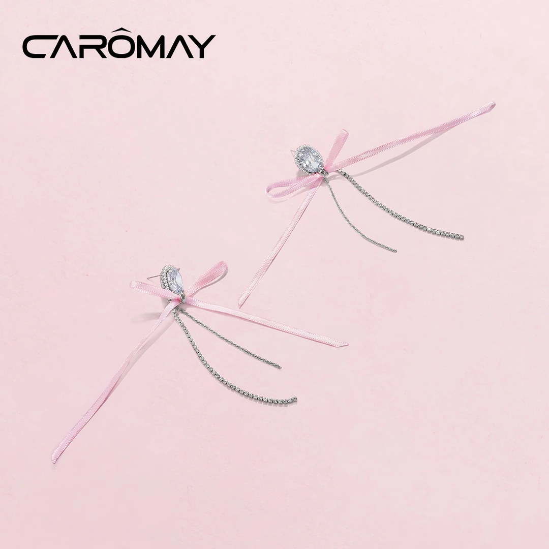 CAROMAY 铜合金耳饰 粉色蝴蝶结流苏耳环可爱气质耳钉E23511