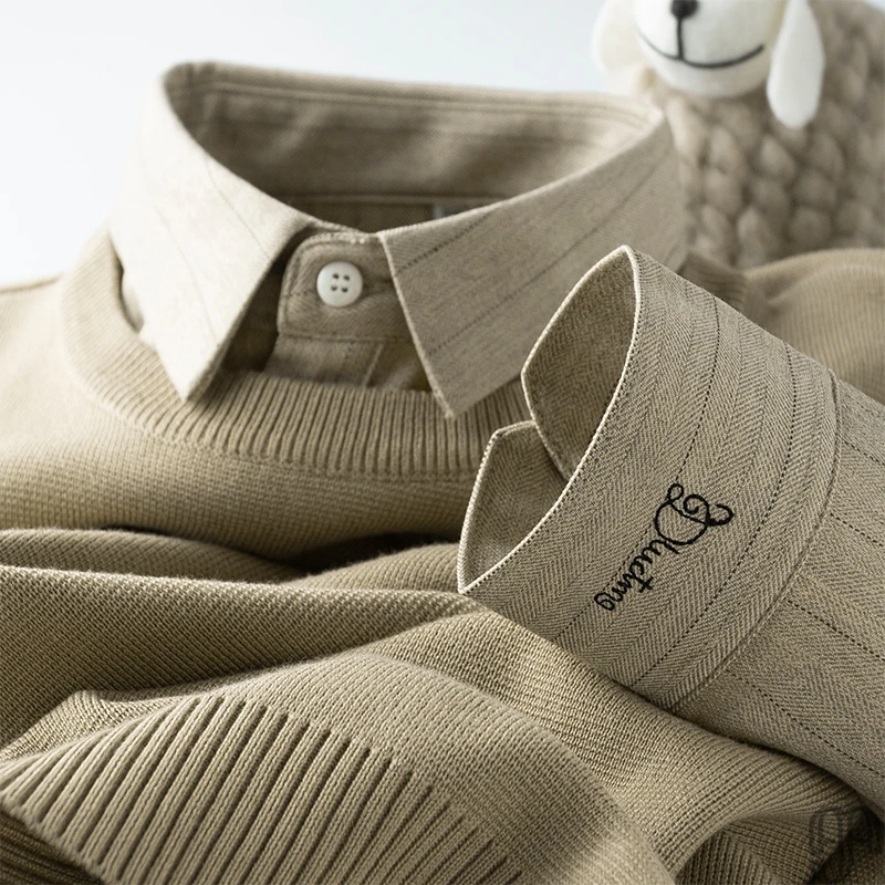 高端绅士商务保暖假两件毛衣男修身衬衫领针织衫男士冬季刺绣条纹