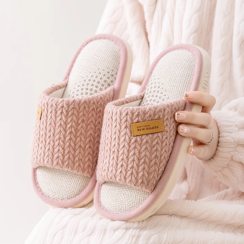 快鹿亚麻拖鞋艾草防臭天然乳胶透气防滑情侣居家春秋拖鞋女款1034