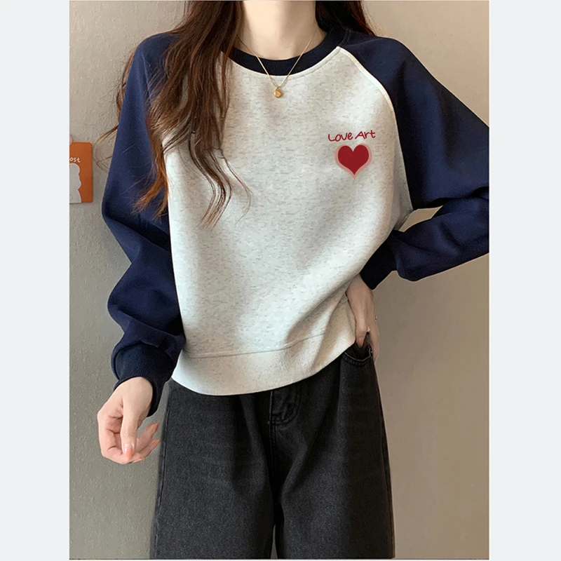 秋冬圆领短款加绒长袖T恤卫衣女宽松插色拼接外穿上衣设计感小众