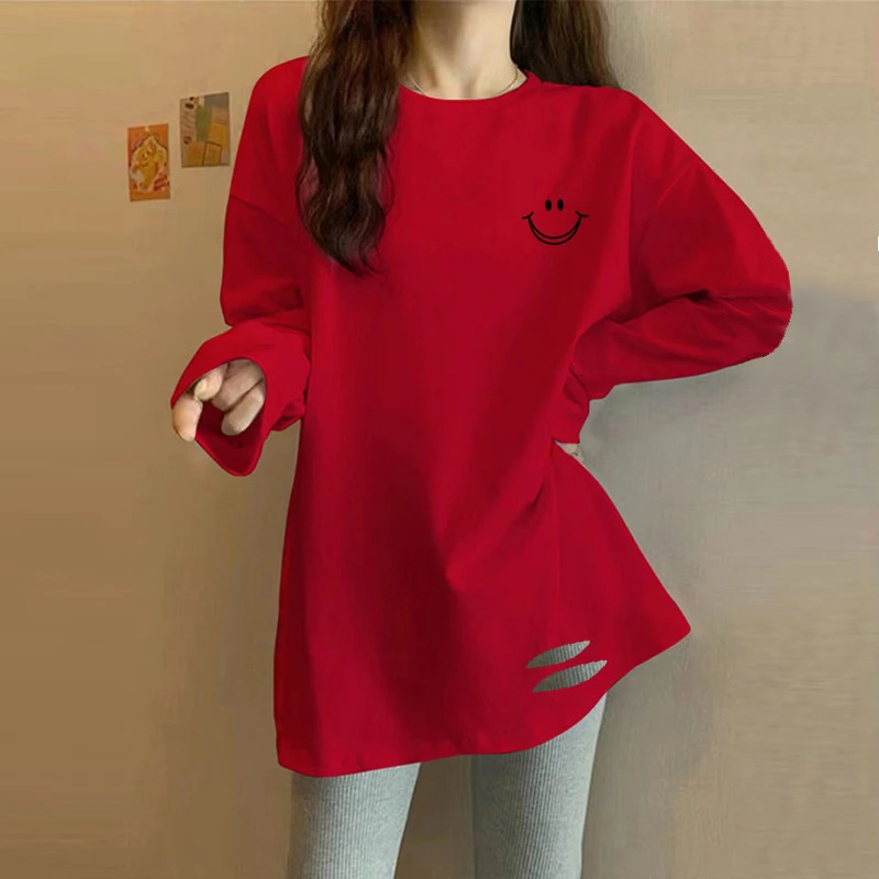 本命年中长款长袖T恤百搭红色喜庆红红火火内搭打底衫 春秋冬上衣
