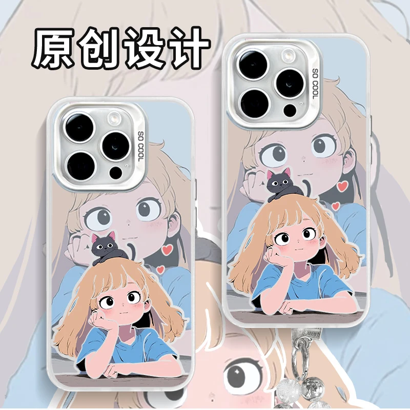 撑脸女孩适用苹果16iphone15/华为/vivo/小米原创彩银手机壳