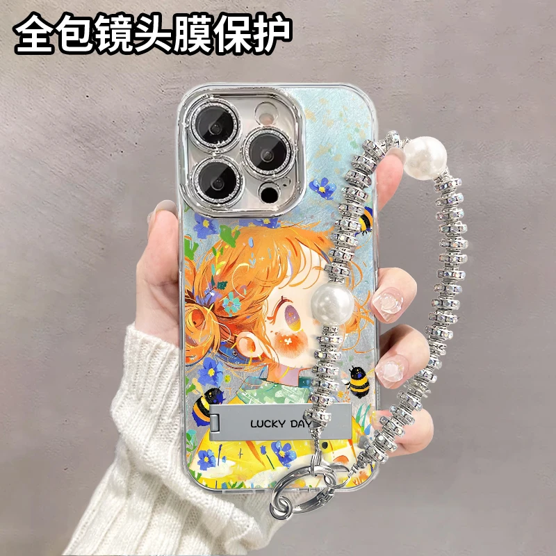 蜜蜂女孩适用苹果15iPhone14华为OPPOvivo小米自带镜头膜手机壳