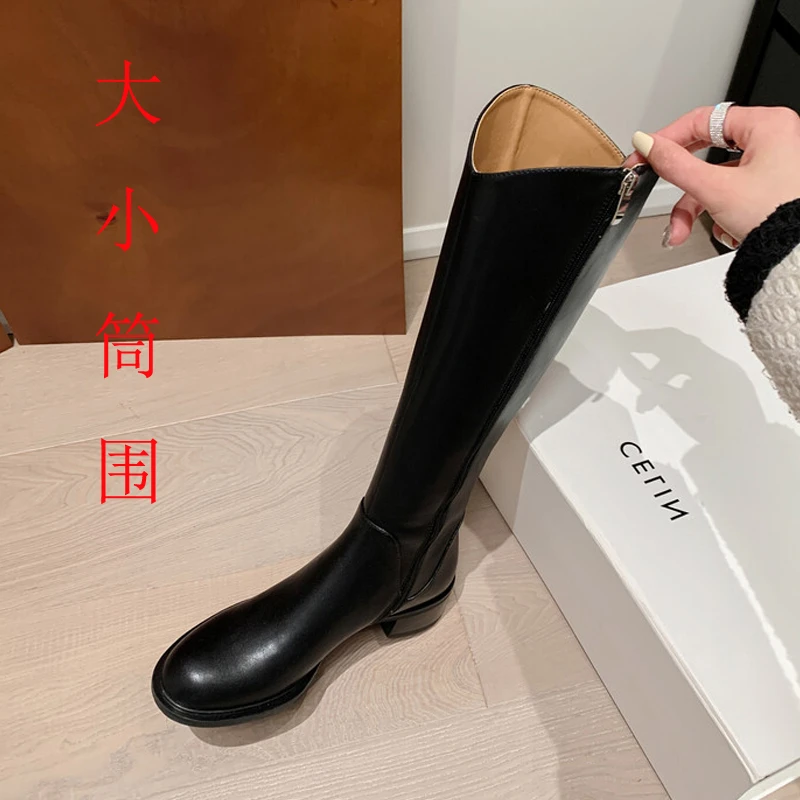 牛皮4cm时尚舒适百搭英伦复古V口高筒靴子女中跟粗跟侧拉链骑士靴