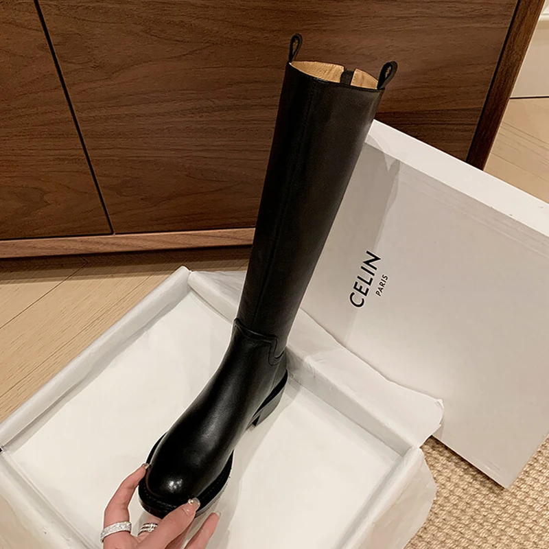 牛皮3cm舒适百搭中跟粗跟平口高筒靴子女英伦复古后拉链骑士靴女