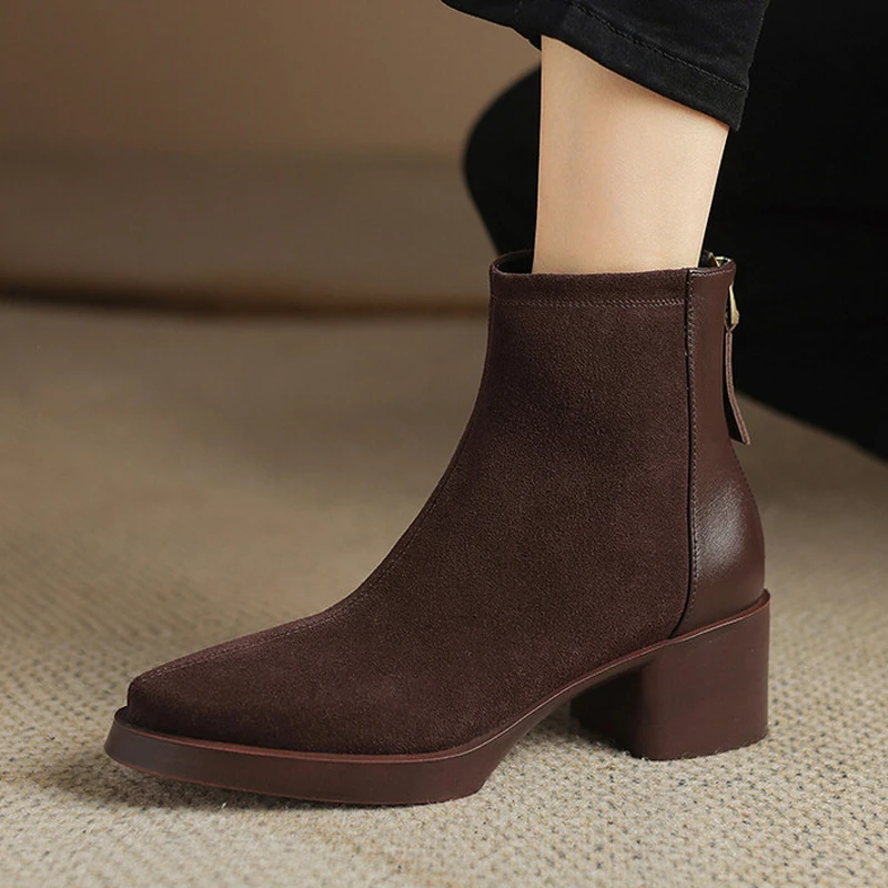 牛反绒5cm34-43码百搭拼接磨砂皮复古马丁靴女中粗跟后拉链短靴子