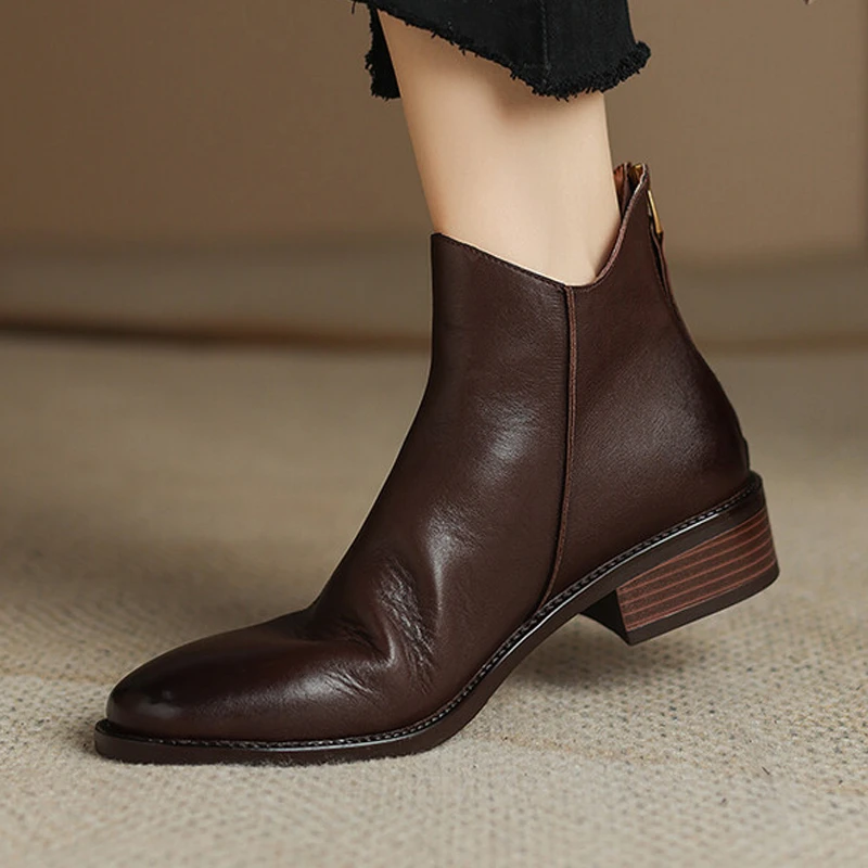 牛皮3.5cm时尚轻奢英伦风复古擦色马丁靴女中跟粗跟后拉链短靴子