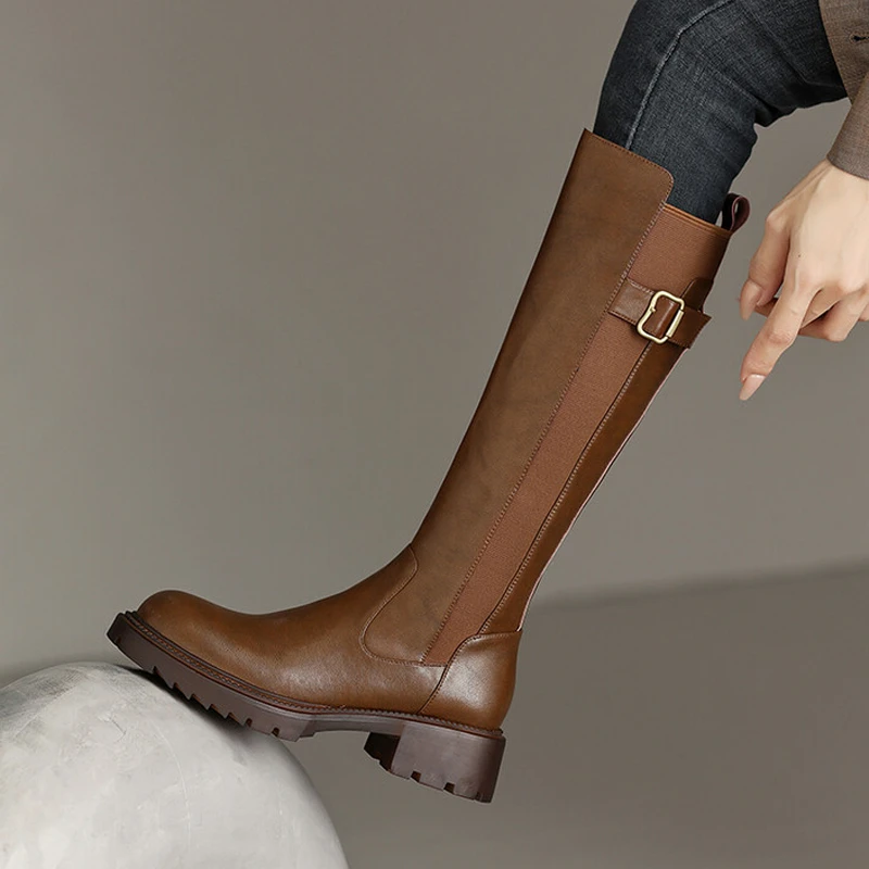 牛皮5cm百搭复古皮带扣马丁靴女厚底高筒靴中粗跟侧拉链骑士靴