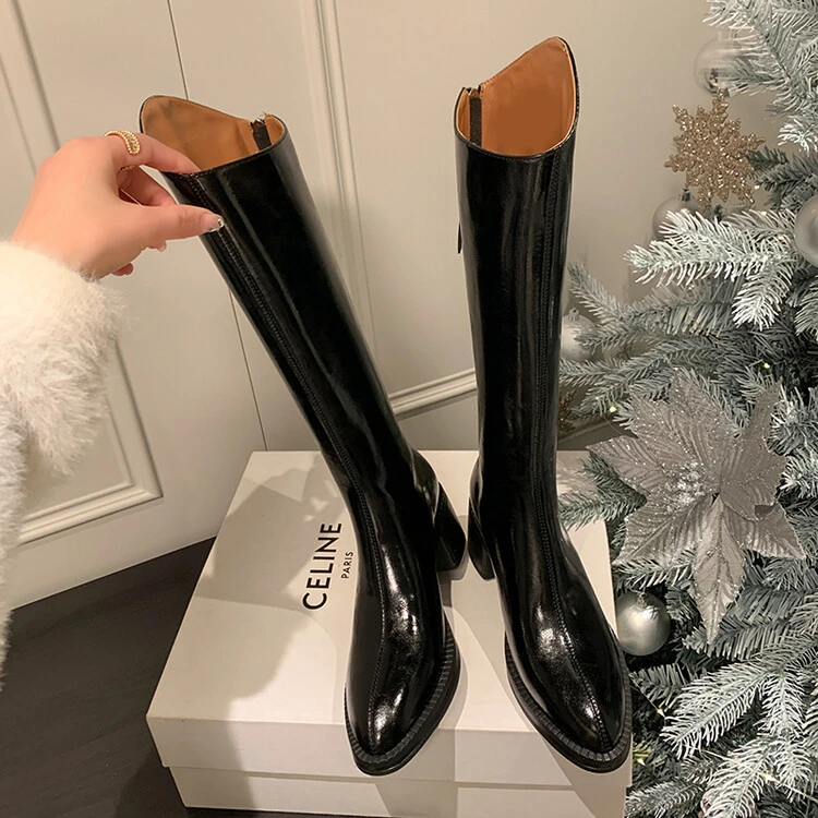 牛皮5cm舒适百搭亮皮时尚斜口高筒靴子女中粗跟后拉链尖头骑士靴