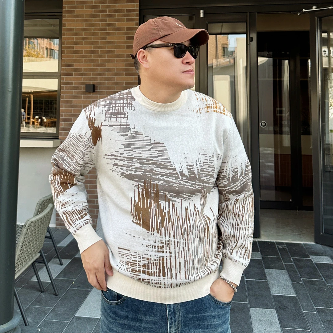 DAEVU冬新款宽松拼色潮胖子加肥加大码男士长袖套头圆领针织毛衣