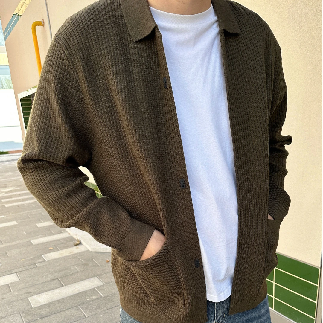 DAEVU秋新款文艺潮胖子大号加肥加大码男士短款翻领开衫毛衣披风