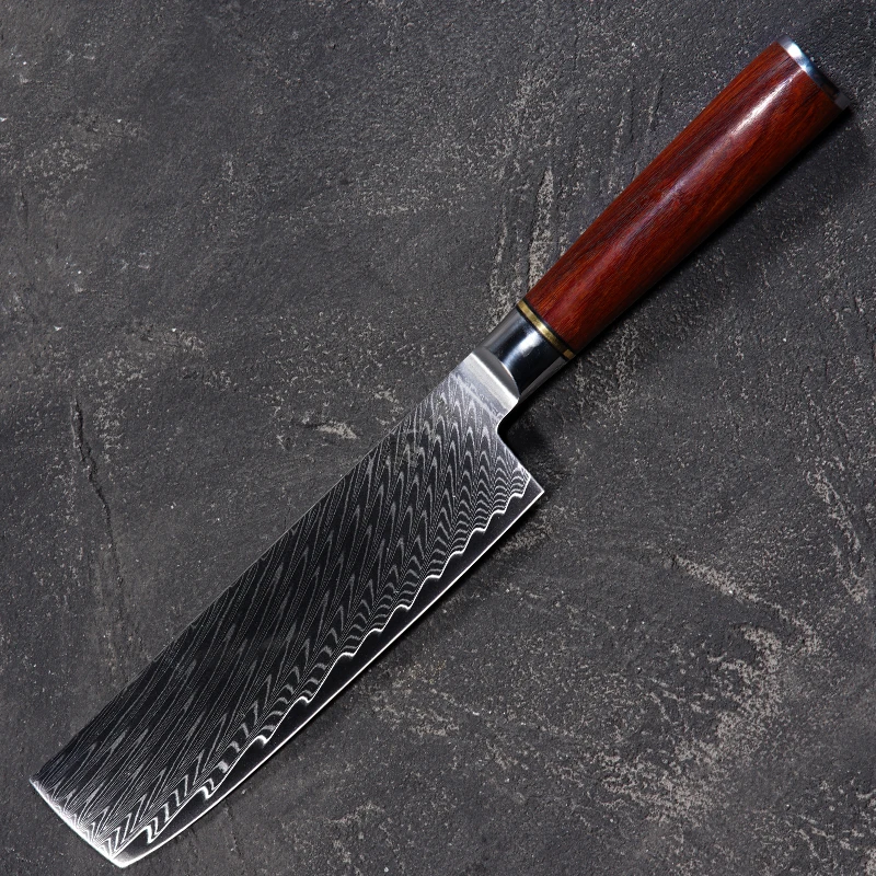 《影菜切3.》67层大马士革红檀木柄羽毛纹10cr15mov钢平头