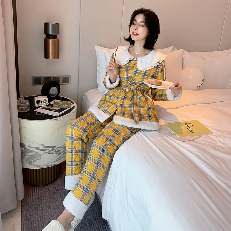 三层夹棉加厚格子淑女款家居服套装2009
