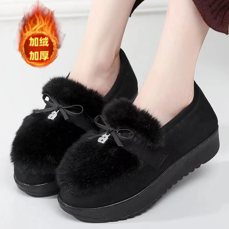 冬季老北京布鞋厚底加绒毛毛鞋新款平底懒人休闲防滑女士时尚棉鞋