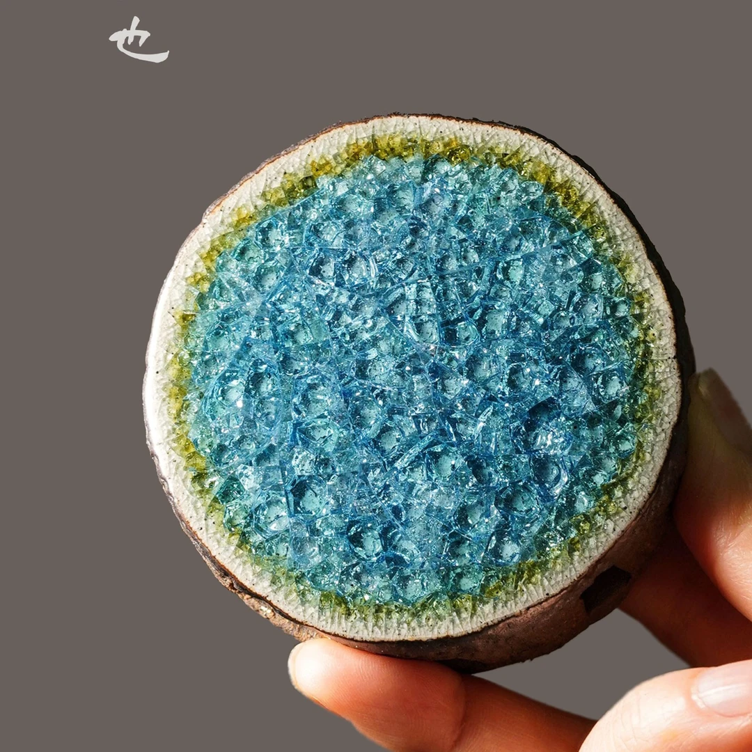 【明也茶器】太湖石全手工盖置陶瓷侘寂结晶蓝实心