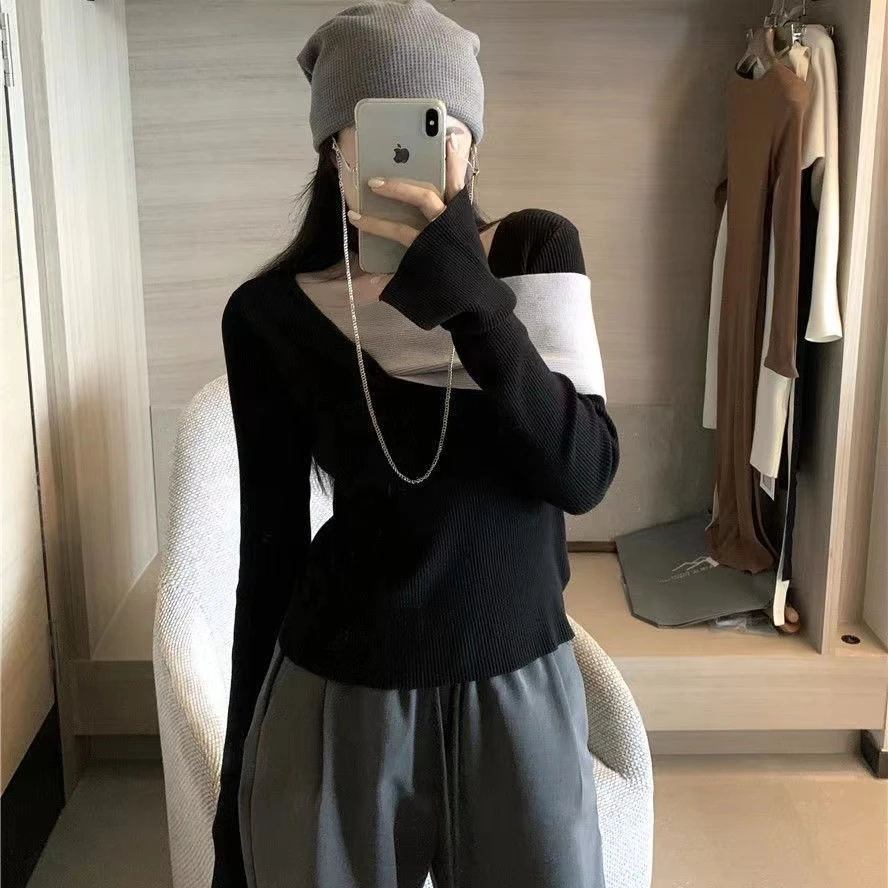 秋冬新款不规则毛衣女修身显瘦拼接开叉针织上衣长袖打底针织衫女