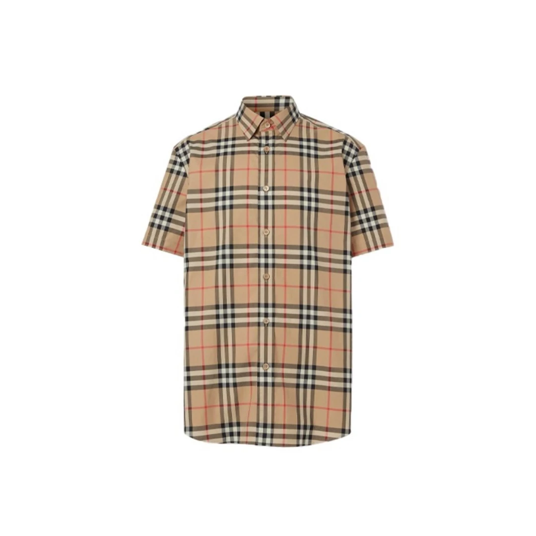 全新未使用 BURBERRY/博柏利 夏季经典休闲格纹短袖衬衫男士黄色