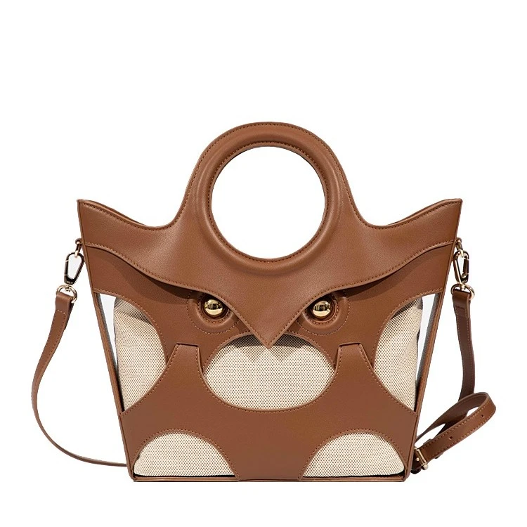万蔻镂空牛皮帆布包棕色女士单肩时尚