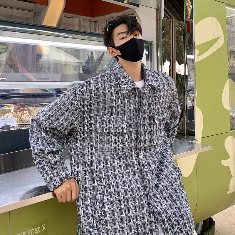 小香风外套男美式复古高街潮牌春秋款宽松大码千鸟格子夹克情侣