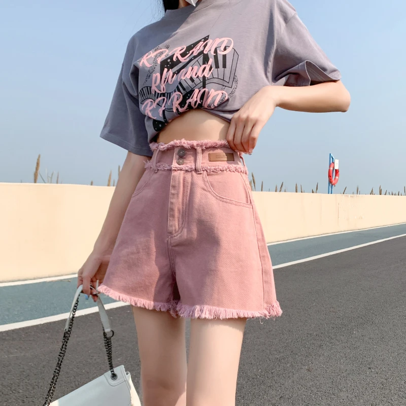 脏粉色高腰牛仔短裤女夏季2023新款高街ins潮宽松毛边a字显瘦热裤