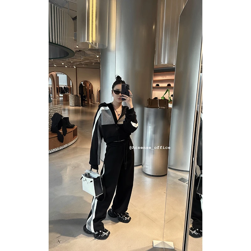 ACSENSE STUDIO先锋欧美撞色阔腿高腰显瘦拼接运动套装休闲时尚