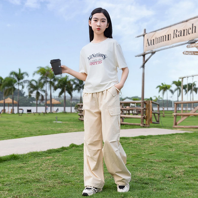 女大童夏季套装2025新款儿童洋气12女童夏装初中生工装裤15岁衣服