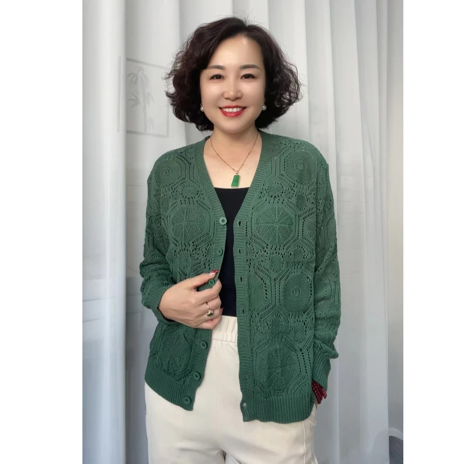 【正品现货】V领棉线镂空提花棉线针织开衫春季女士宽松针织衫外套