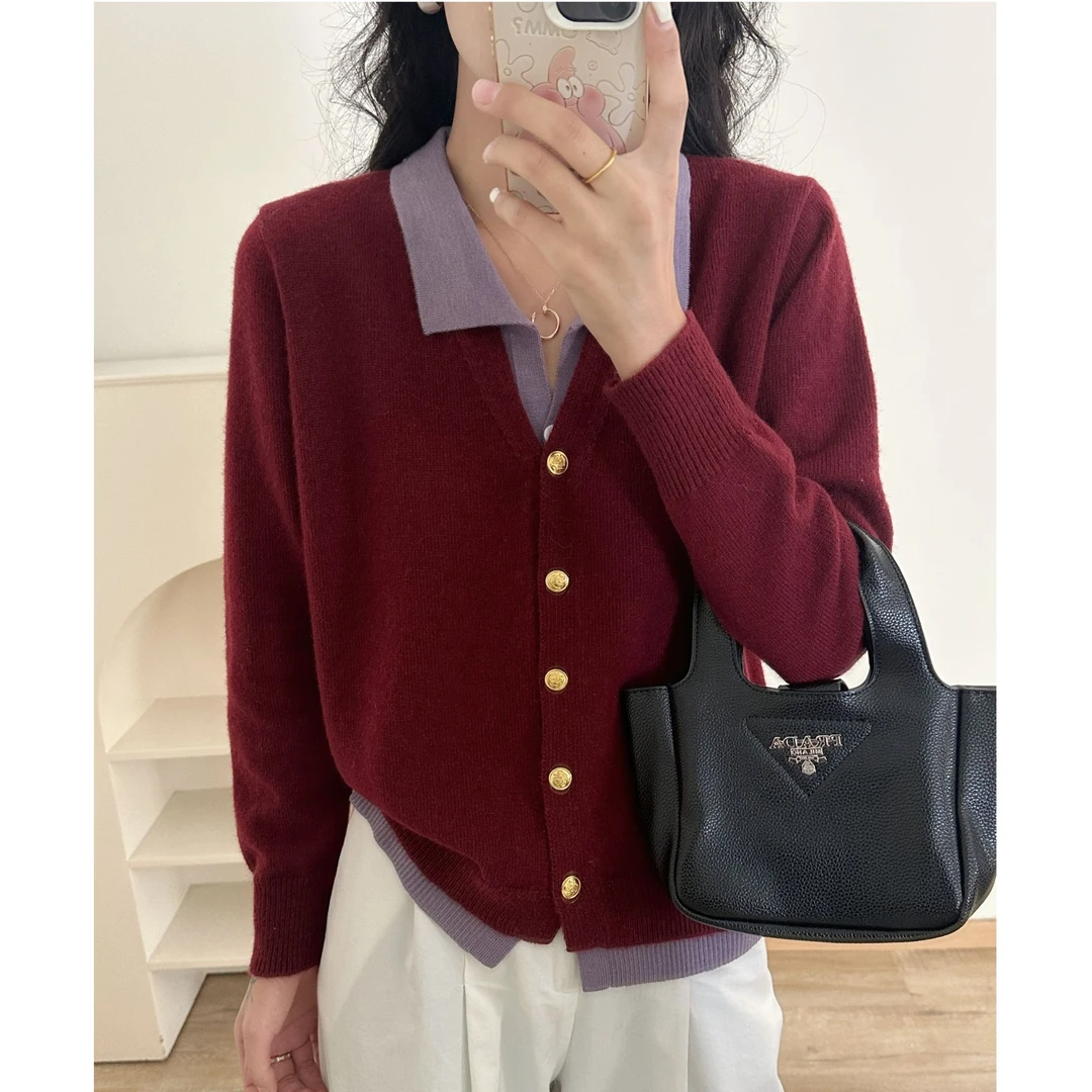 【正品现货】浣熊绒假两件撞色设计女装长袖针织衫新款时尚百搭上衣