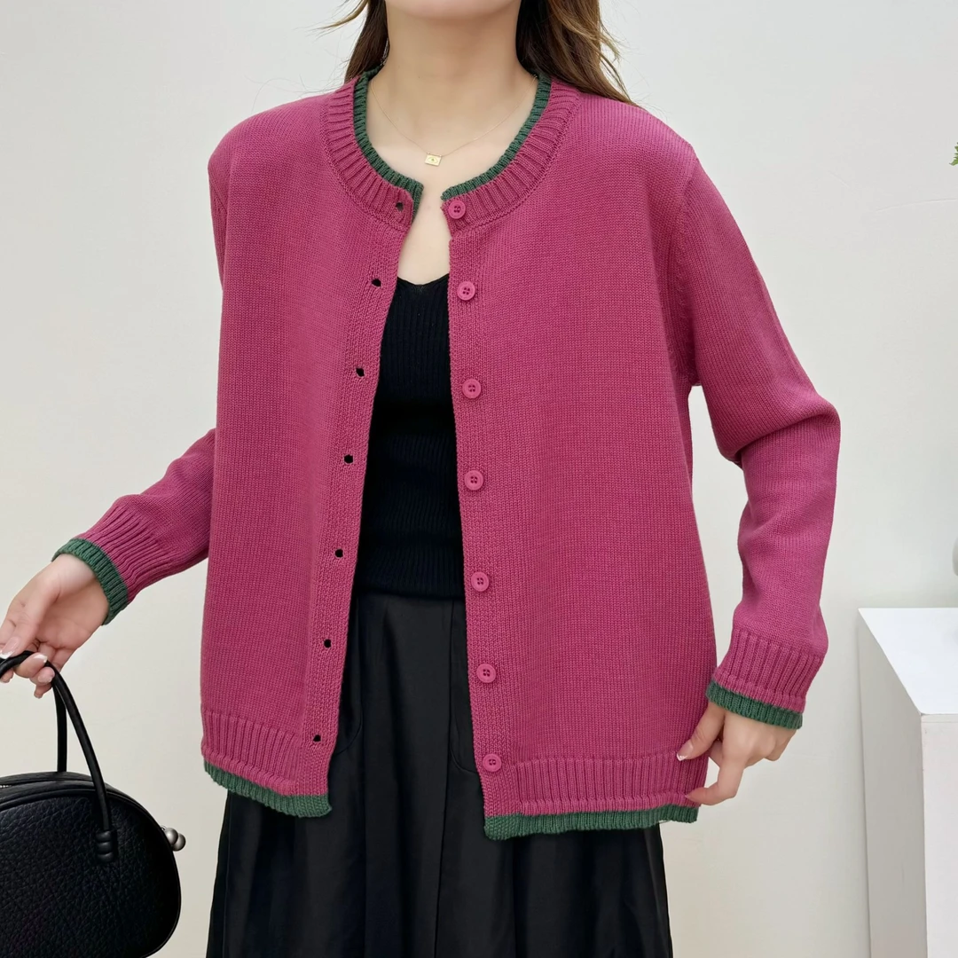 【正品现货】拼色假两件圆领复古棉线女士春宽松百搭长袖针衫开衫