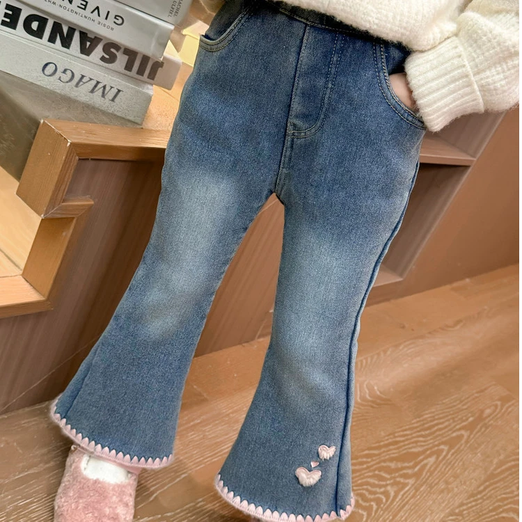 女童加绒牛仔喇叭裤儿童冬装洋气韩版保暖裤子女宝宝爱心弹力长裤