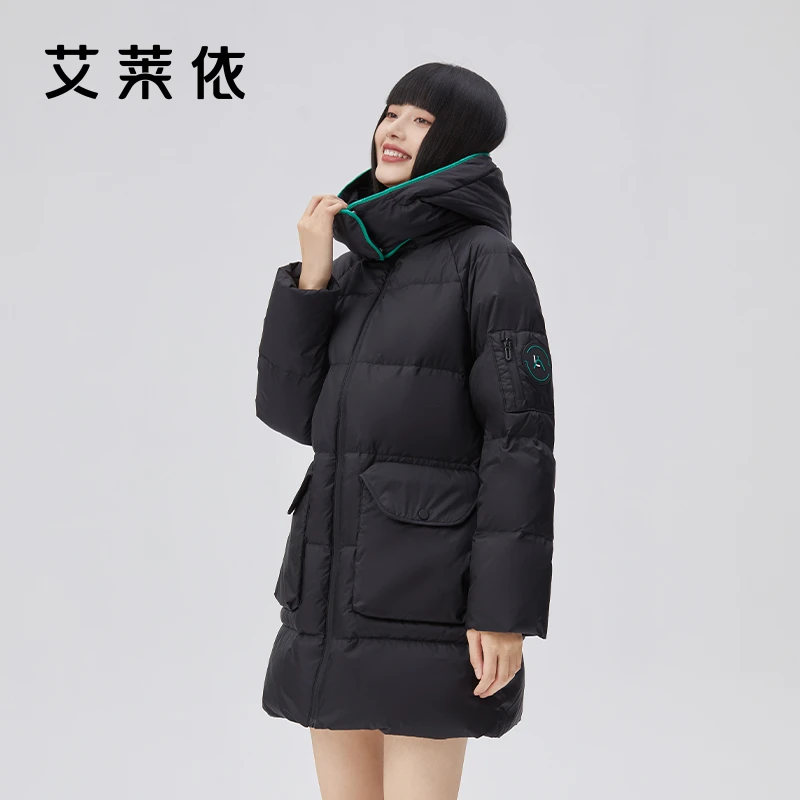 艾莱依冬季潮流中长款羽绒服女时尚户外休闲连帽加厚保暖外套1266