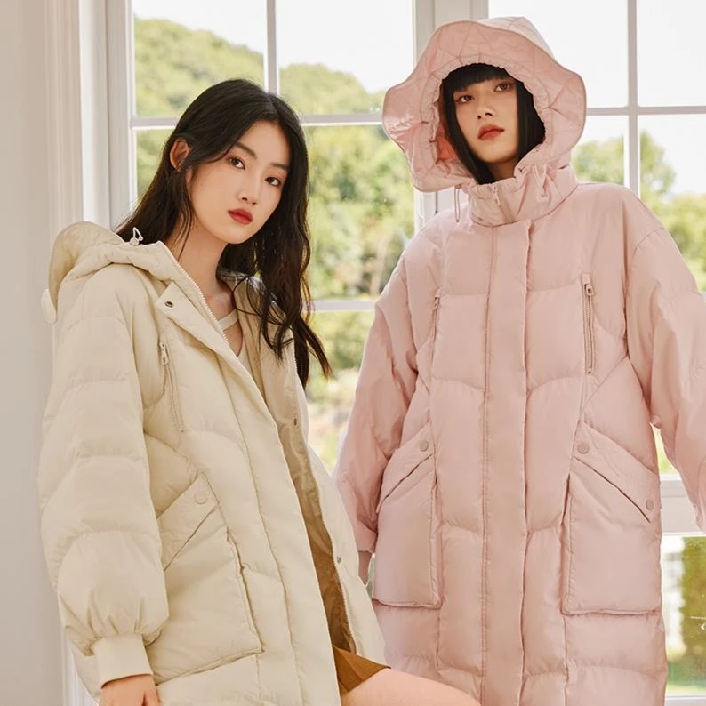 艾莱依冬季保暖羽绒服女花苞帽时尚休闲长款保暖外套citywarm1313
