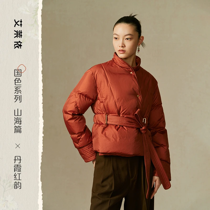艾莱依国风感斜门襟系带羽绒服时尚气质秋冬保暖鹅绒立领外套4155