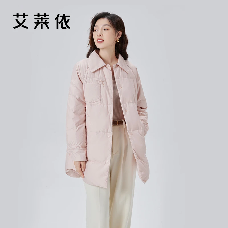 艾莱依刺绣衬衫式羽绒服女冬季新款轻盈时尚透气保暖防风外套6055