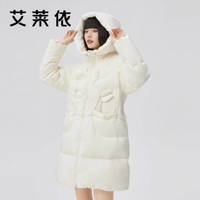 艾莱依冬季新款立领连帽中长款保暖羽绒服时尚休闲防风外套1317