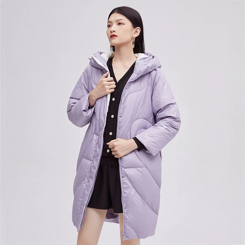 艾莱依冬季新款羽绒服中长款连帽亮面休闲冬季保暖保暖外套女1339