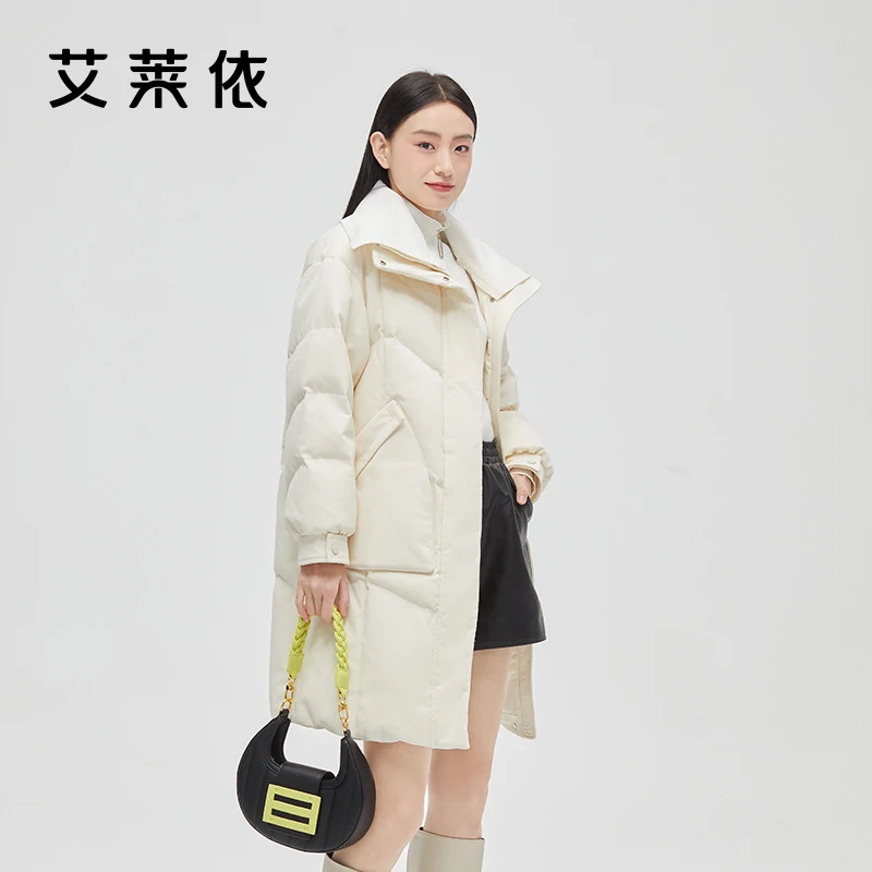 艾莱依双层领中长款羽绒服新款立领可拆卸冬时尚连帽保暖外套1105