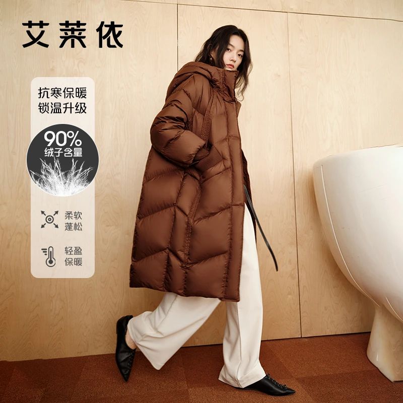 【丫头baby专属】艾莱依O版廓形长羽绒服休闲简约连帽保暖外套1001