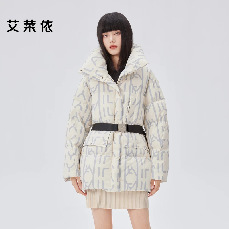 艾莱依新款高领羽绒服女印花冬季时尚户外休闲中长款保暖外套1532