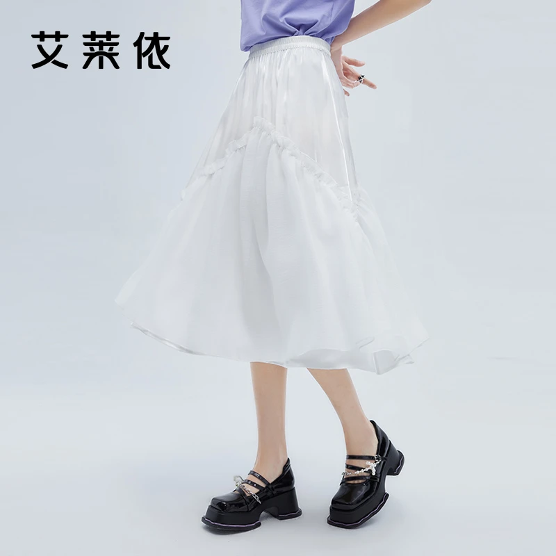 艾莱依小众a字网纱半身裙女夏季新款中长款高腰显瘦薄款纱裙5066