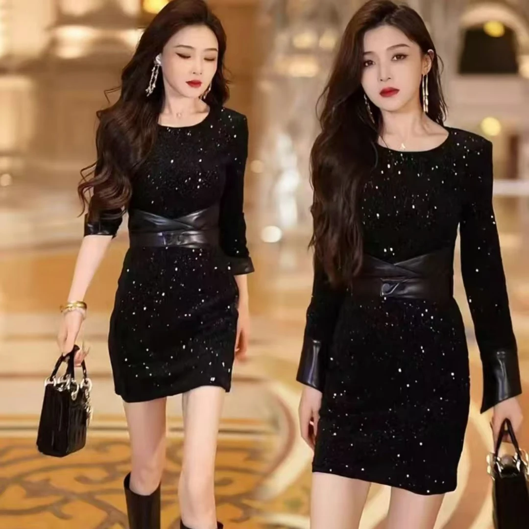 2024秋新款欧货时尚减龄连衣裙重工亮闪显气质修身假两件包臀裙